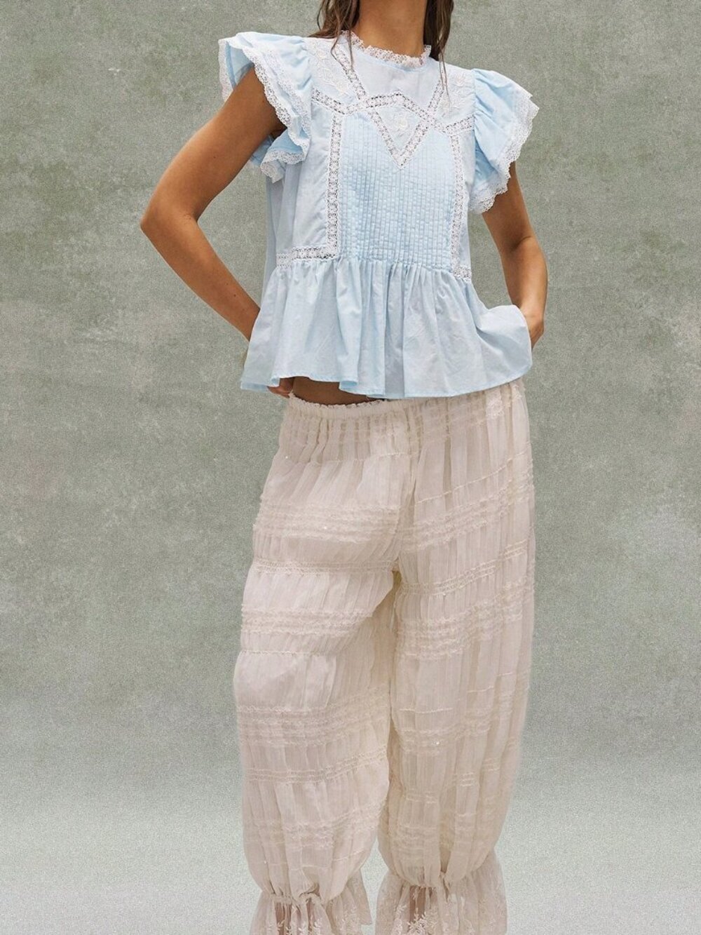Blue Cottagecore Boho Women's Embroidered Ruffled Patchwork Blouse - Picture 4 of 8